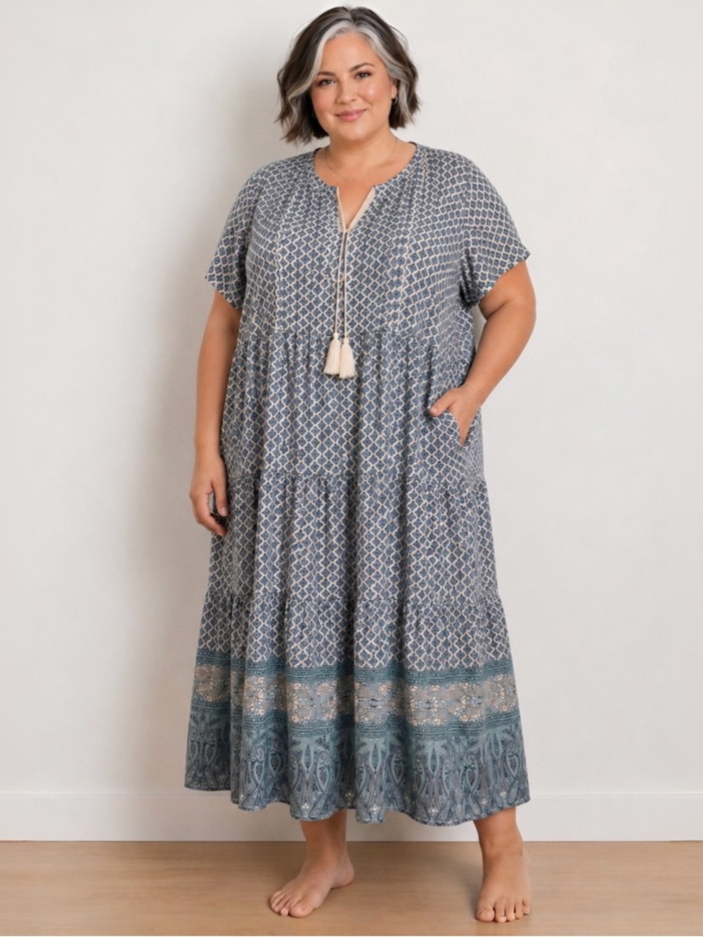 Relaxed Blue Patterned Tiered Maxi Dress with Tassel Tie